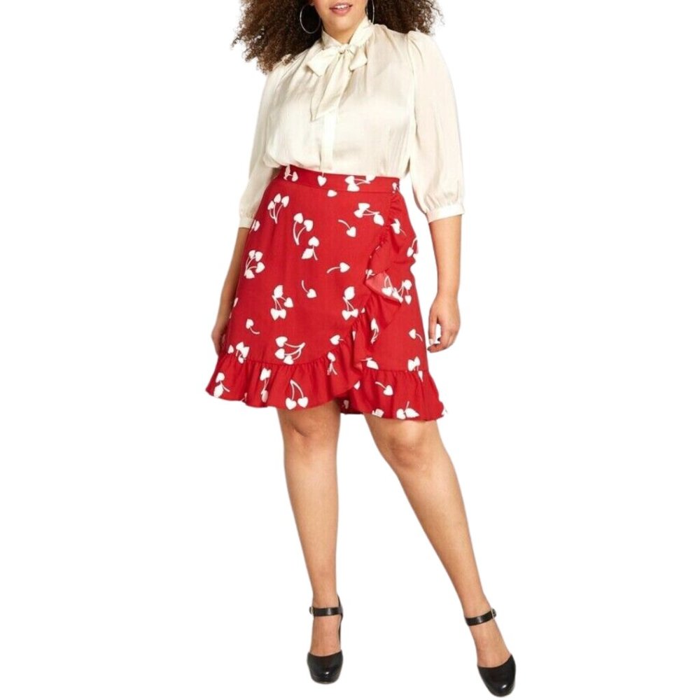 SALE 5/$25 ModCloth It's a Wrap Ruffle A-Line Skirt Cherry Hearts Print Red Sz 8
